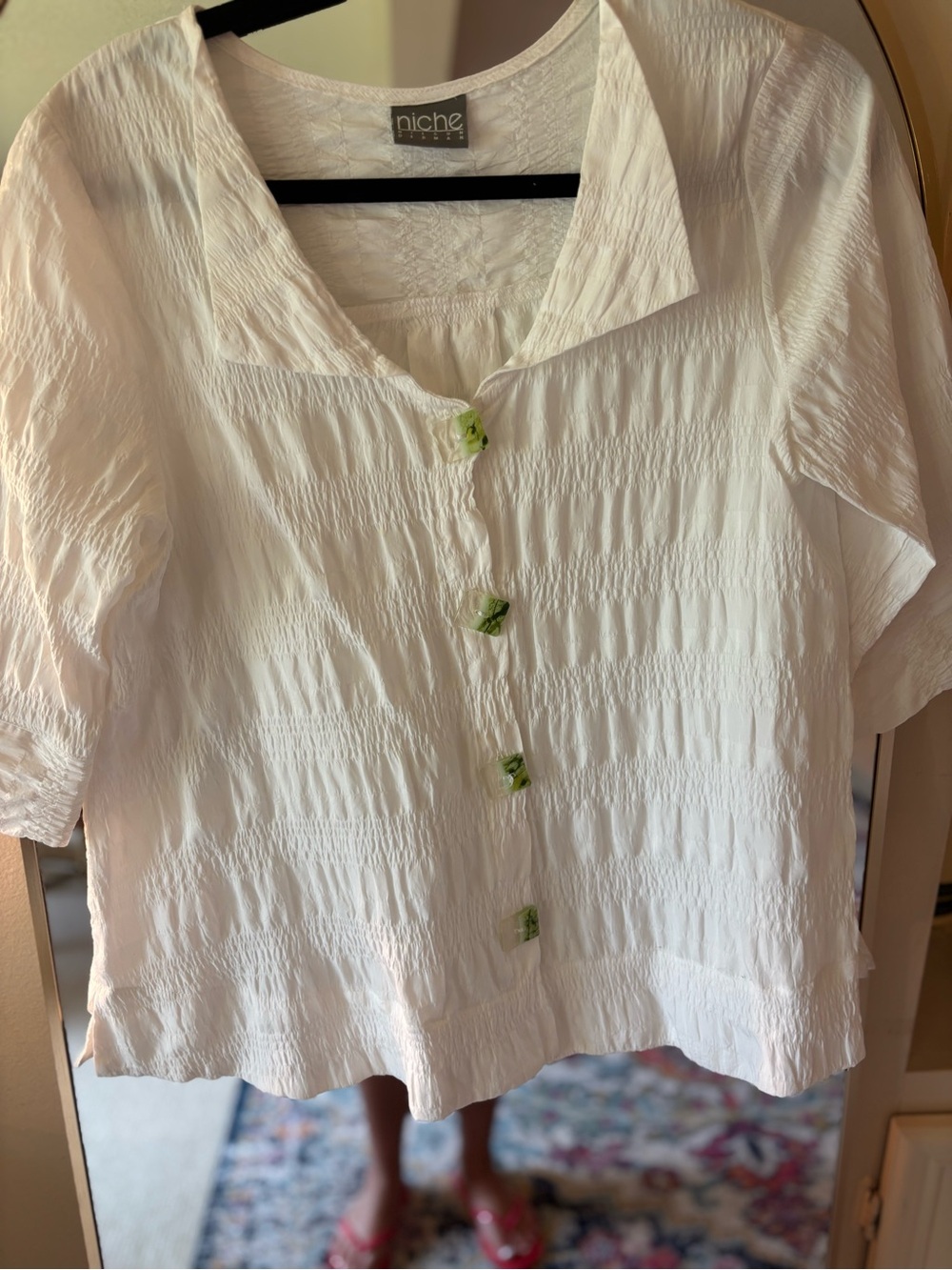 White Short-Sleeve Textured Button-Up Blouse with Green Accent Buttons